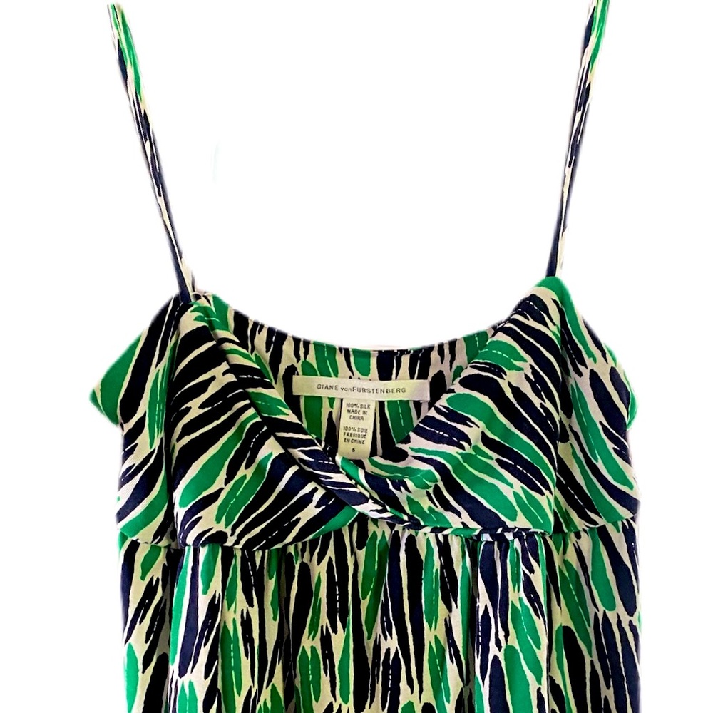 Diane von Furstenberg Green Navy Print Spaghetti Strap Top